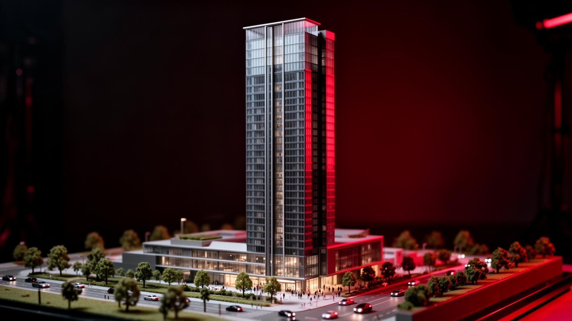 Architectural scale model illuminated with dramatic red lighting